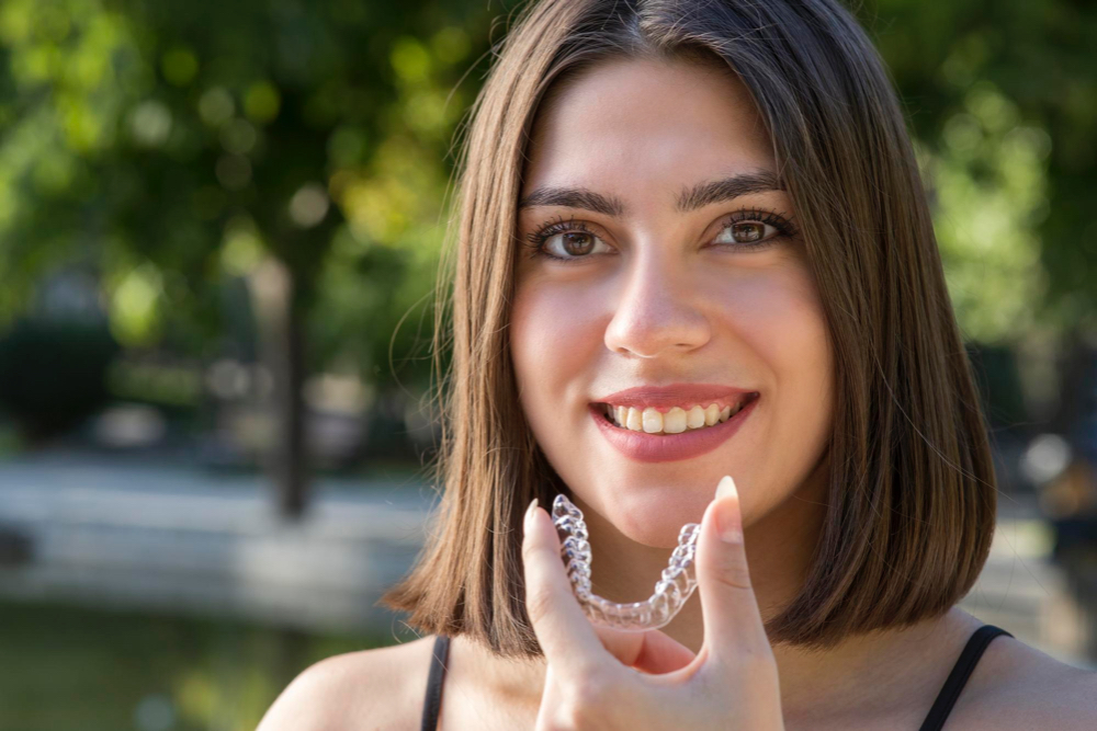 femme avec appareil dentaire amovible transparent dehors souriante